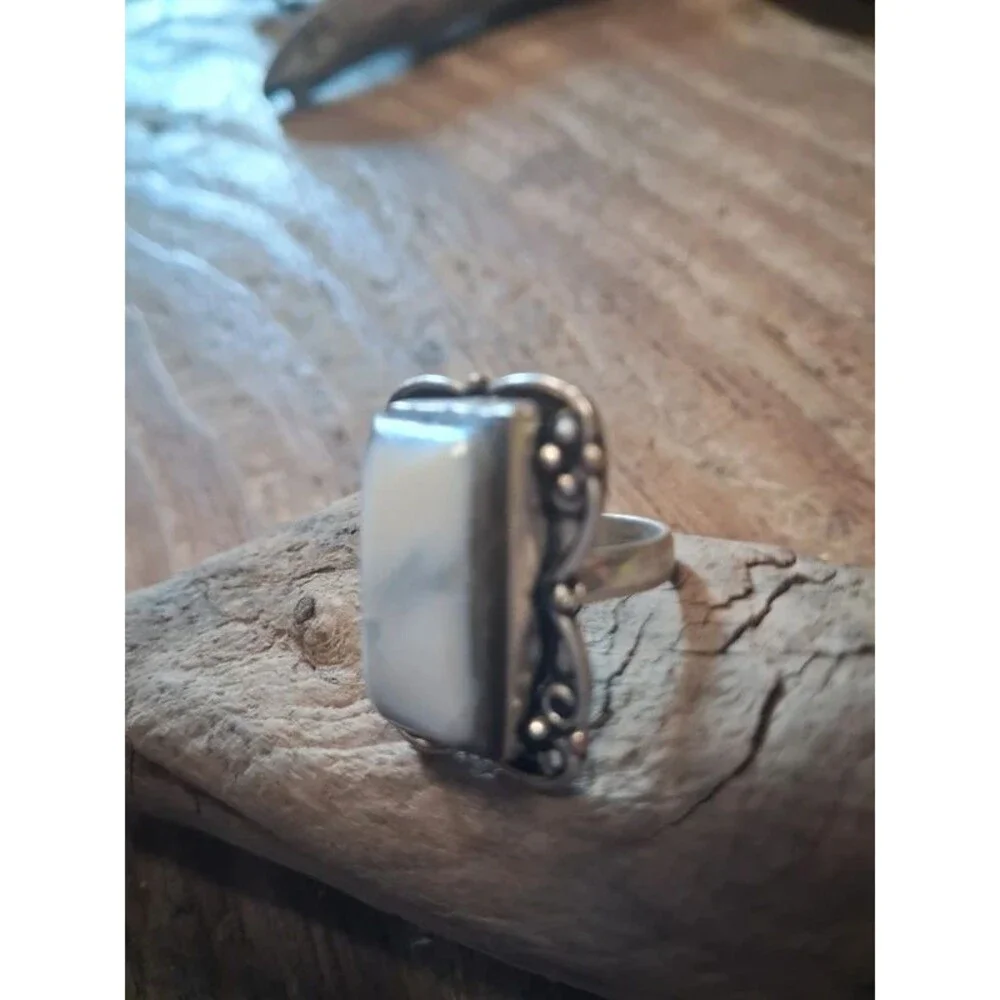 Size 6.25 white Dendritic opal boho artisan made ring